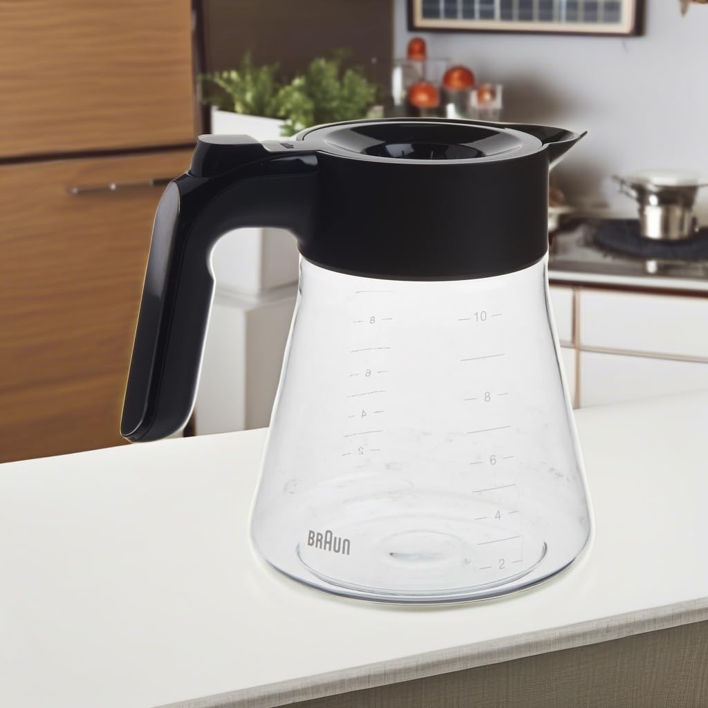 Braun BRSC008 carafe in use demonstrating easy 10-cup serving for mornings