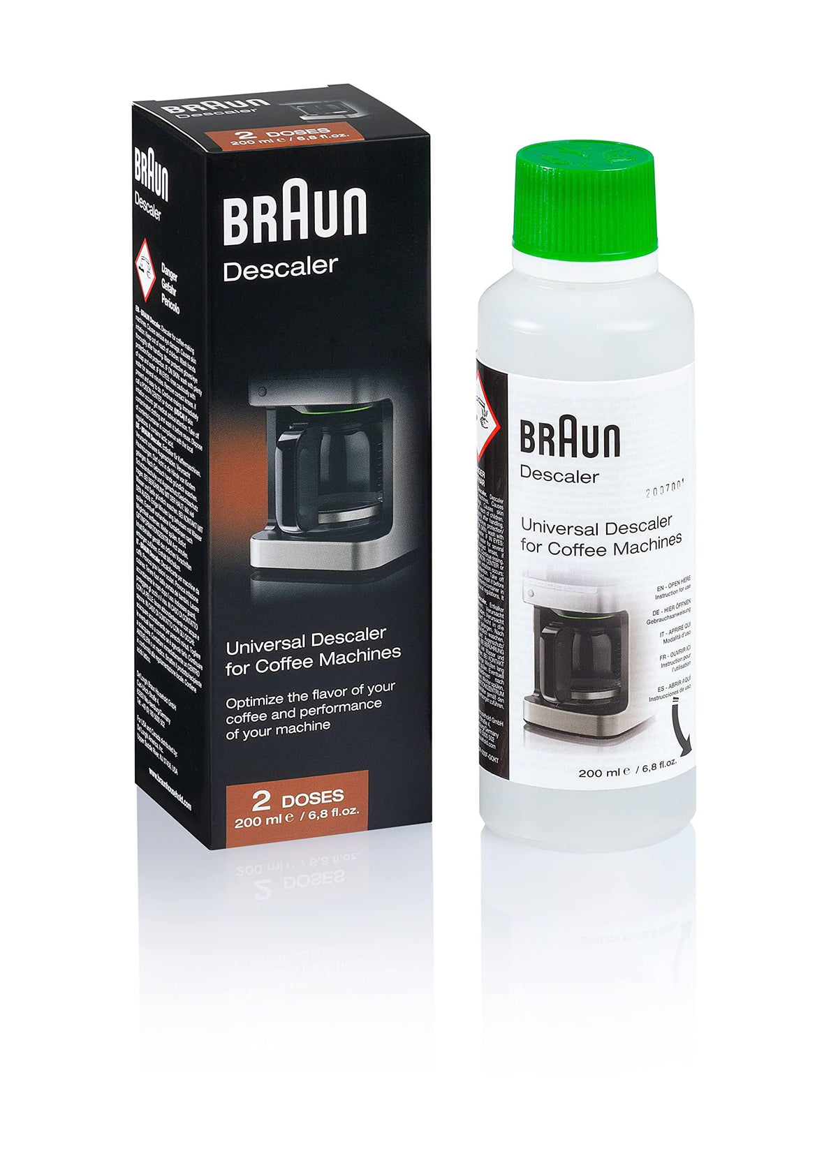 Braun Descaling Solution bottle front view for cleaner BrewSense performance.