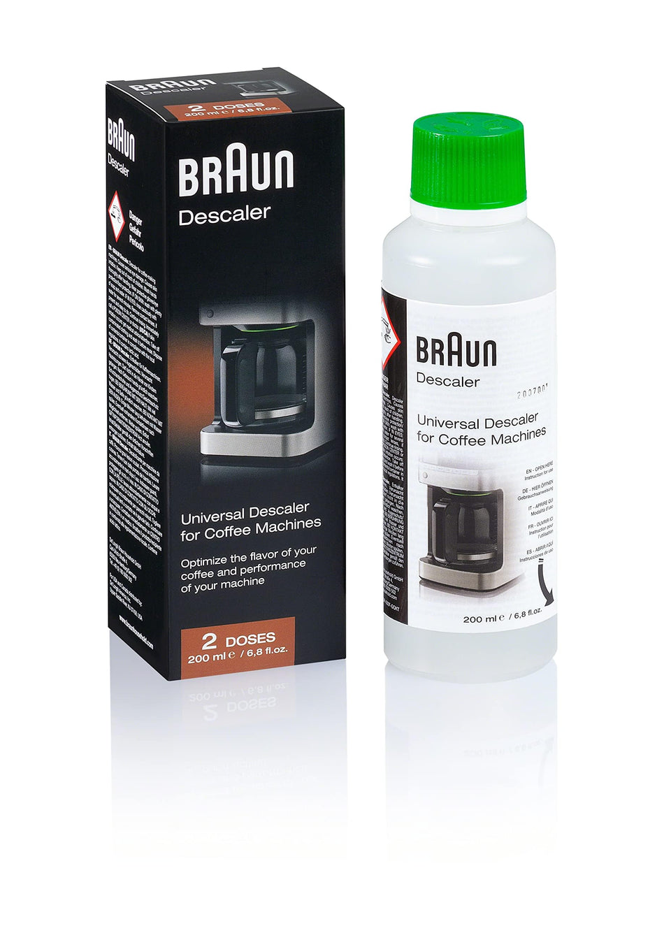 Braun Descaling Solution bottle front view for cleaner BrewSense performance.
