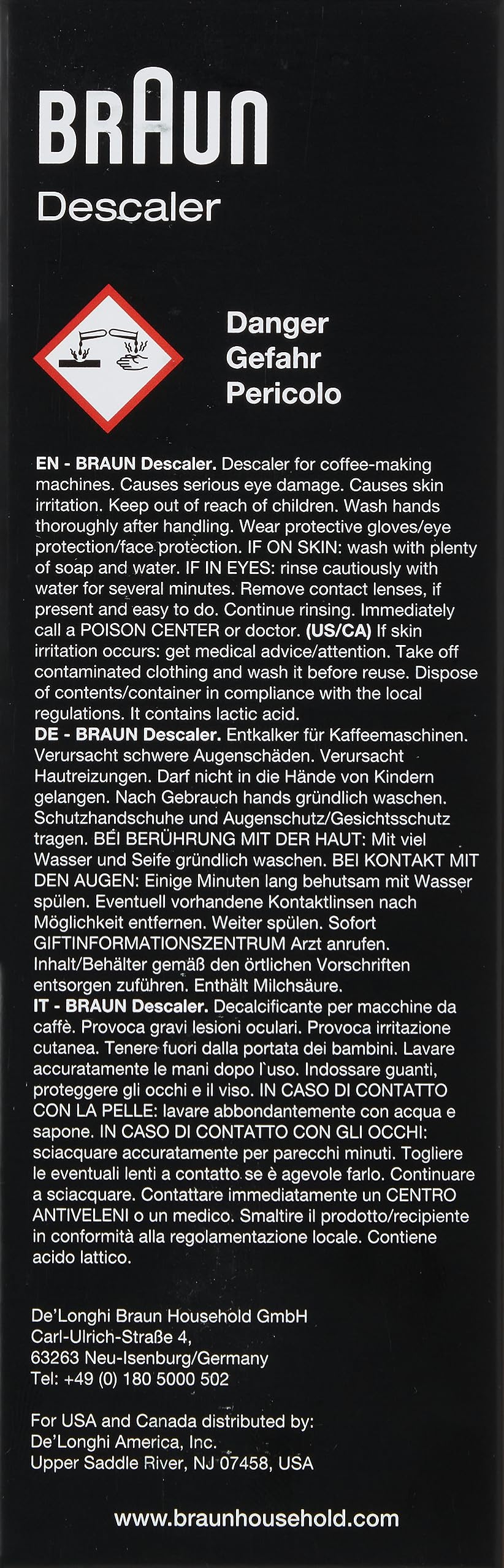 Braun Descaling Solution label close-up highlighting easy maintenance.