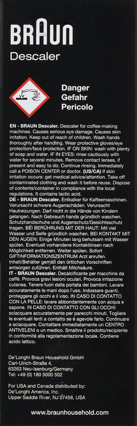 Braun Descaling Solution label close-up highlighting easy maintenance.