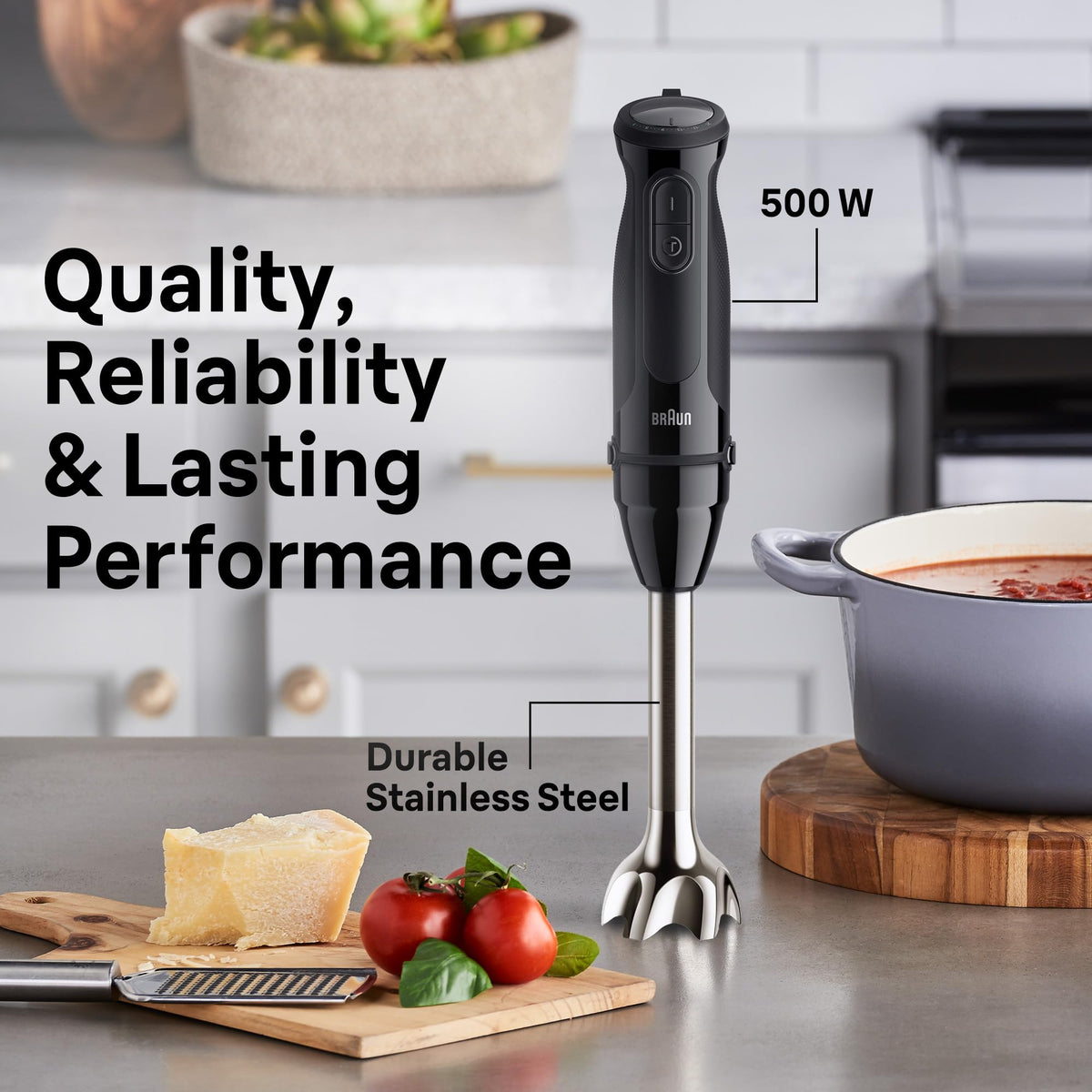 Braun MQ50001M 500W motor provides steady power for tough ingredients.
