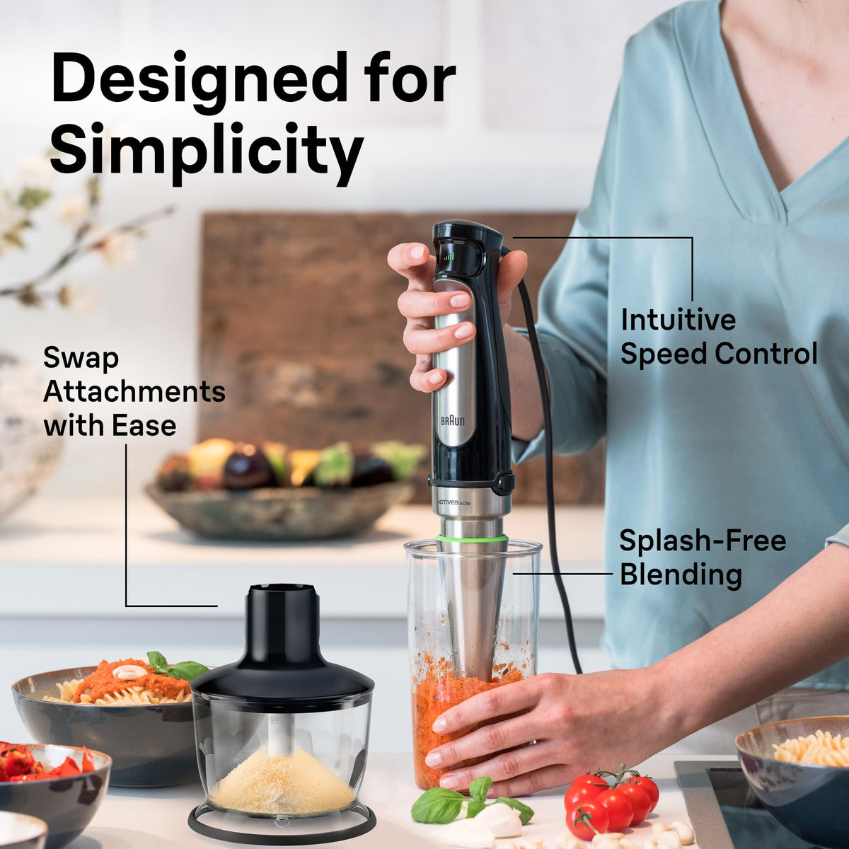 Braun MQ7035 SplashControl reduces splashes during blending for cleaner countertops.