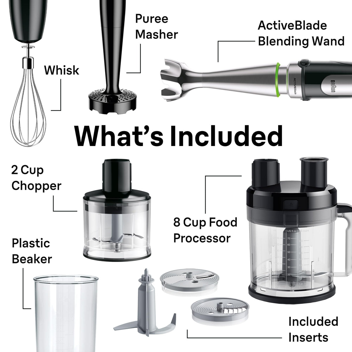 Braun MQ9187XL whisk, masher, and beaker expand kitchen versatility.