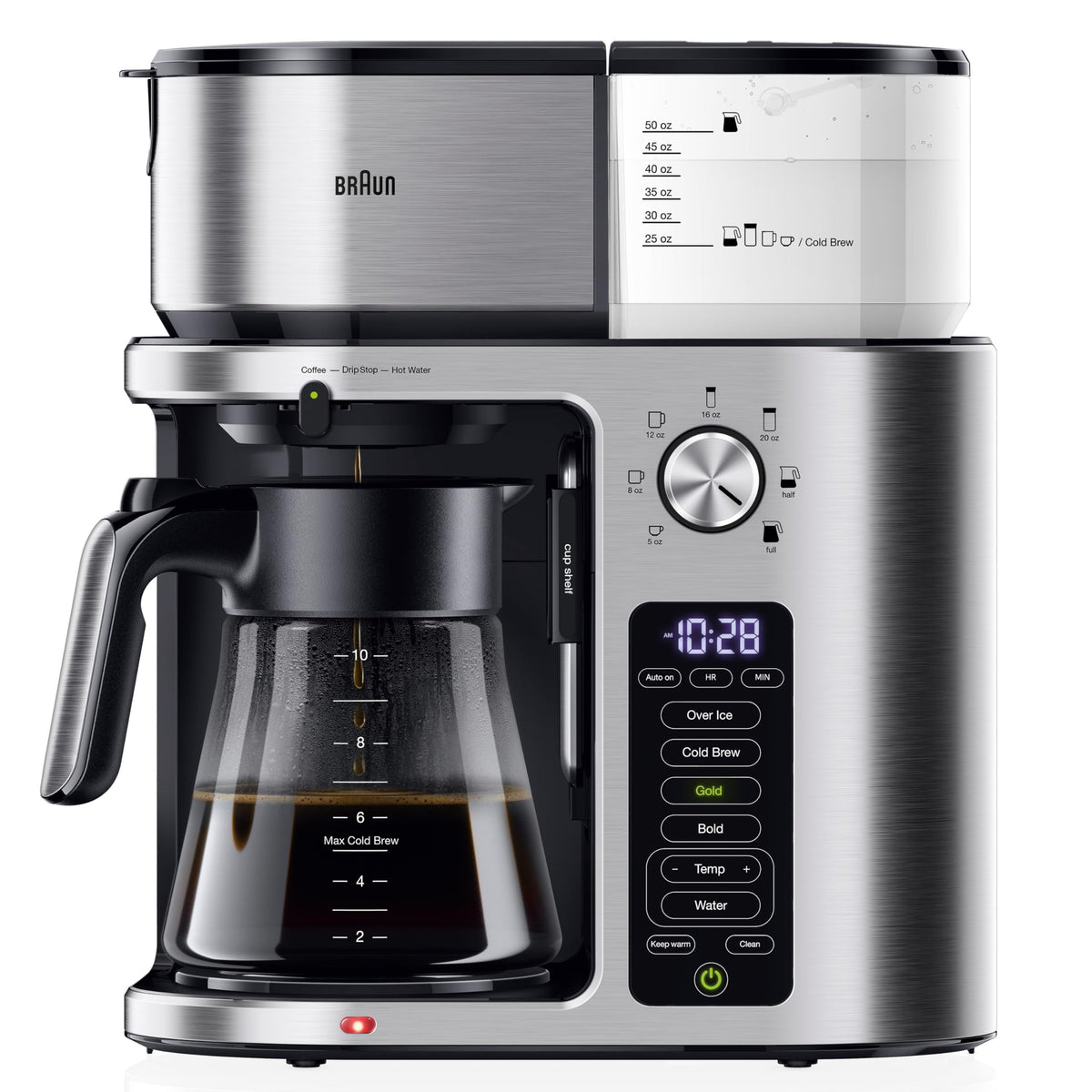 Braun MultiServe Plus 10-Cup Coffee Maker front view showcases versatile batch brewing options.