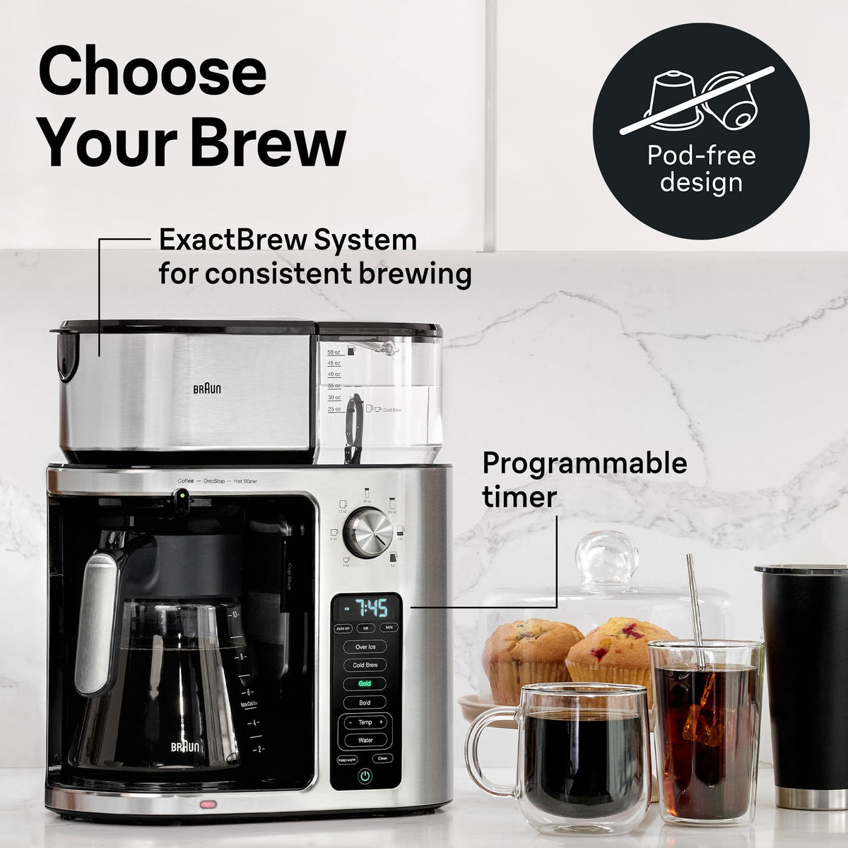 Hot water dispenser offers tea-ready hot water without coffee flavors.