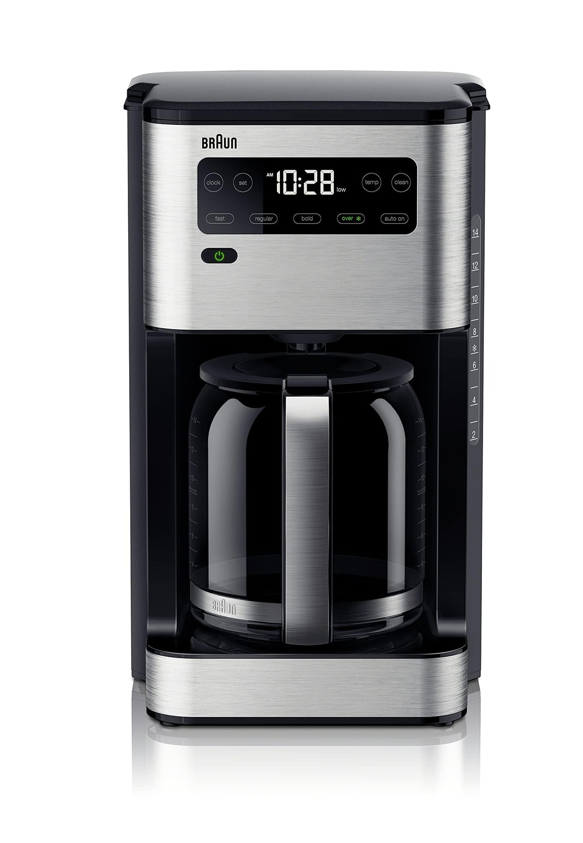 Braun PureFlavor 14-cup coffee maker front view, fast, reliable brewing.