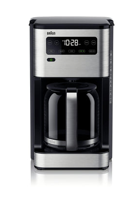 Braun PureFlavor 14-cup coffee maker front view, fast, reliable brewing.