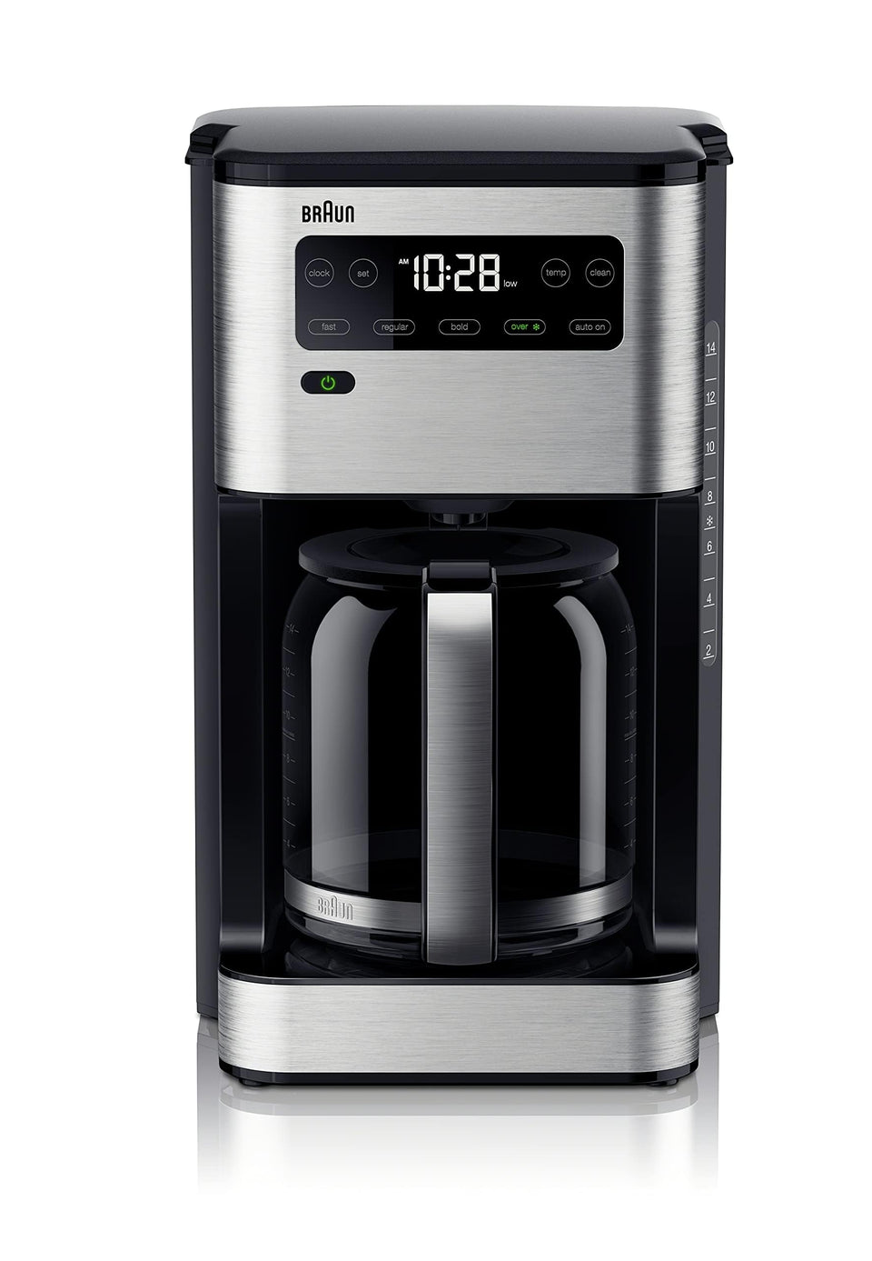 Braun PureFlavor 14-cup coffee maker front view, fast, reliable brewing.