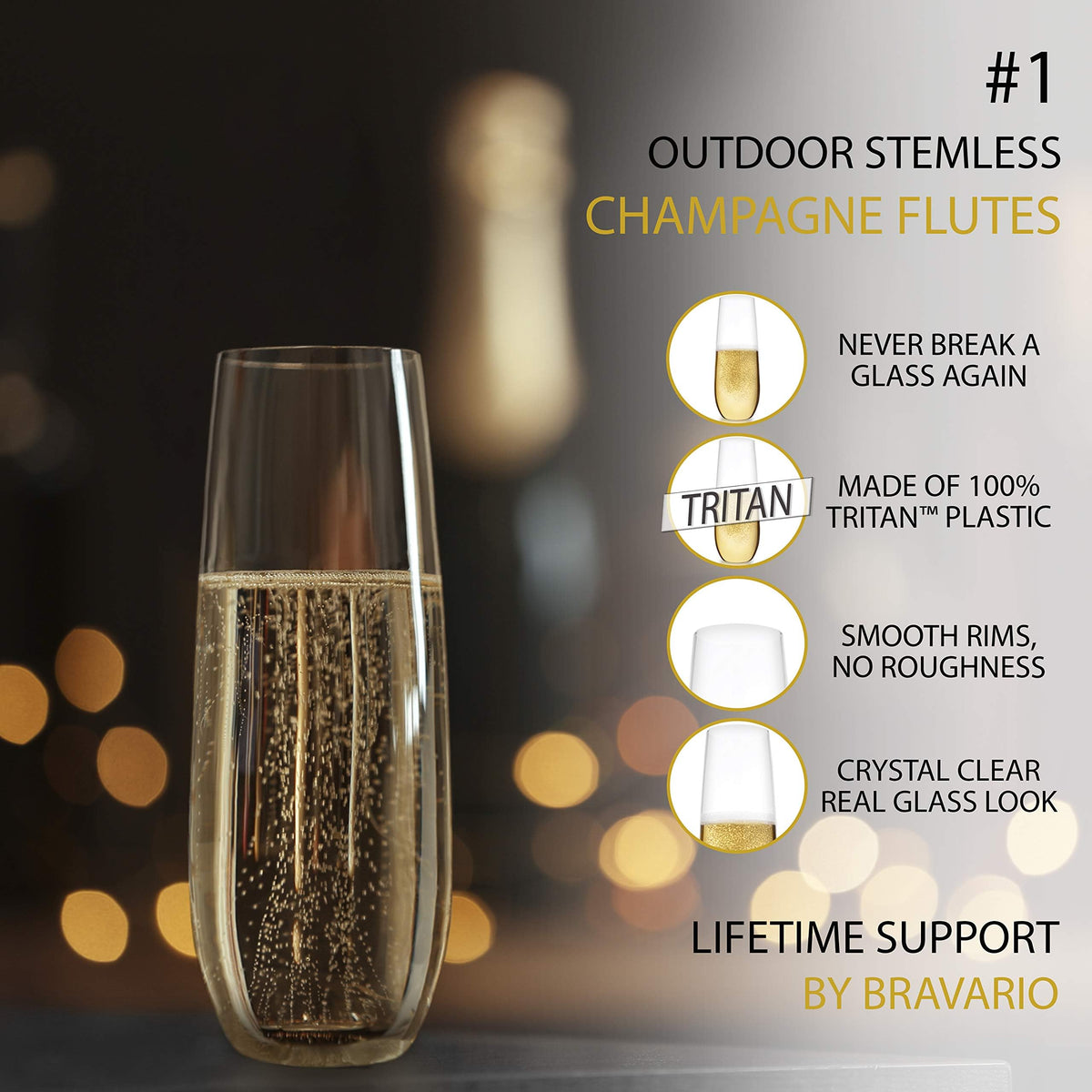 Bravario 8.5 oz capacity flutes ideal for celebratory pours.
