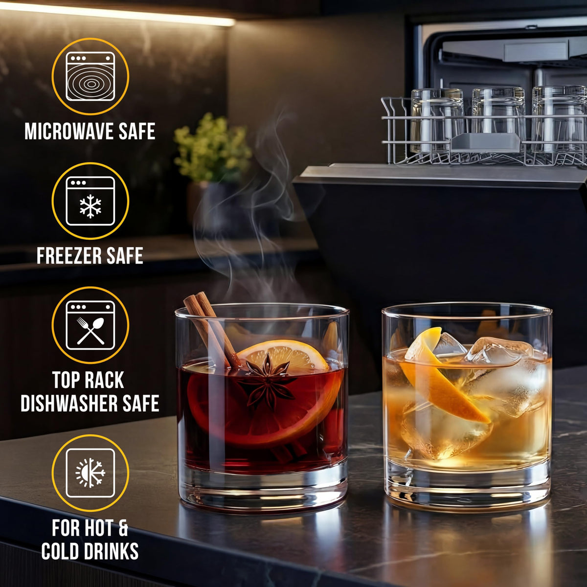 Bravario heat-freeze-safe glasses handle varying temperatures for hot or cold beverages.