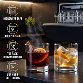 Bravario heat-freeze-safe glasses handle varying temperatures for hot or cold beverages.