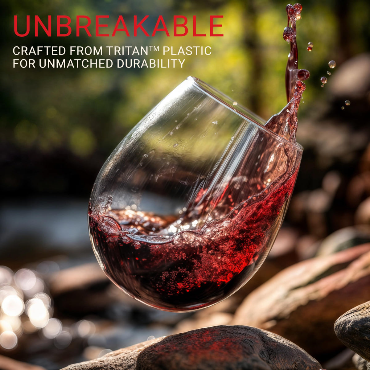 Bravario outdoor-ready stemless wine glass, poolside or beach bonfire, safe and reusable.