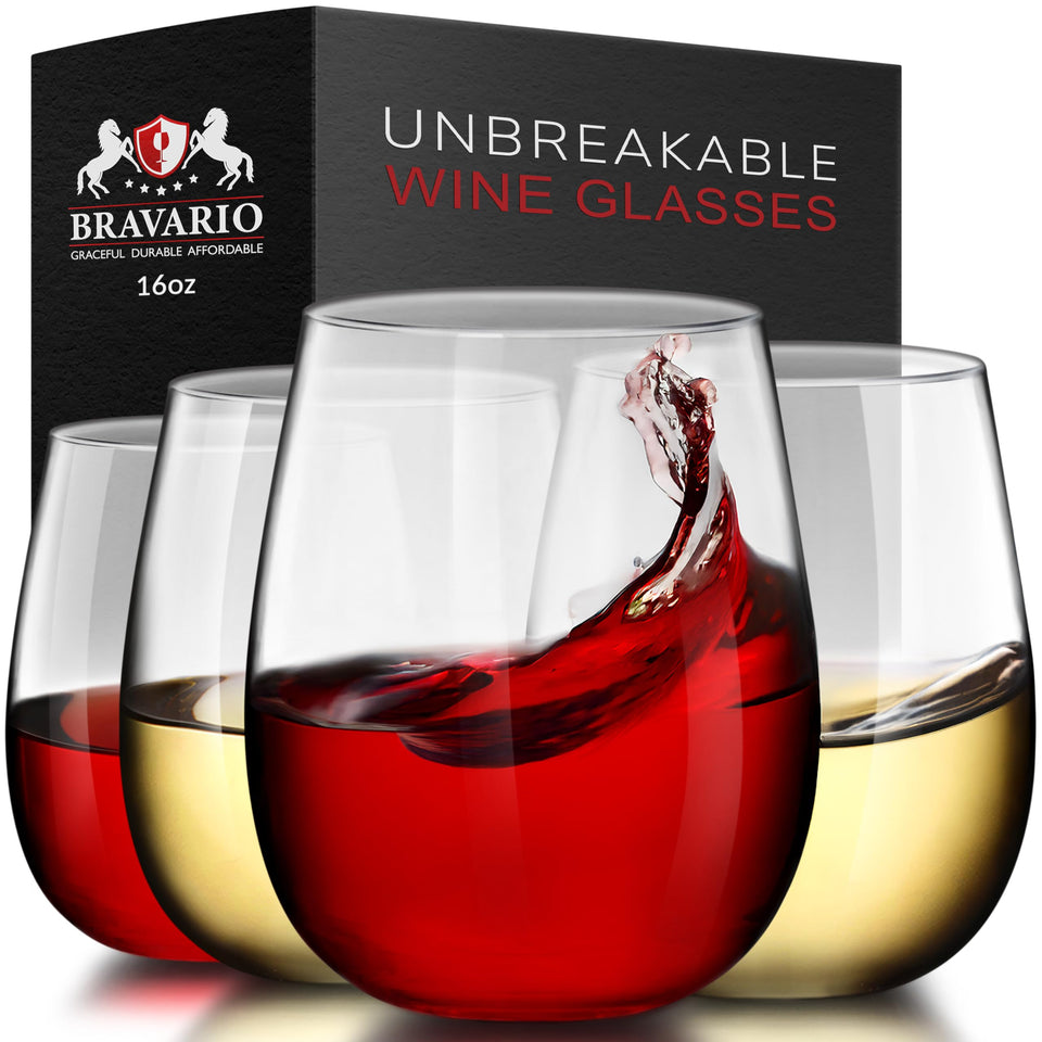 Bravario unbreakable stemless wine glass 16oz for poolside use and picnics.