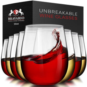 Bravario unbreakable stemless wine glass, front view, durable for indoor and outdoor entertaining.