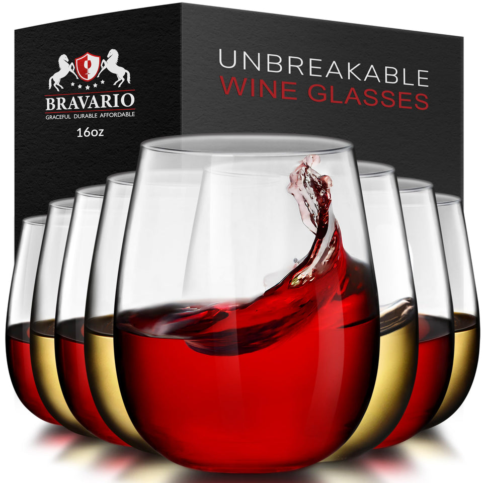 Bravario unbreakable stemless wine glass, front view, durable for indoor and outdoor entertaining.