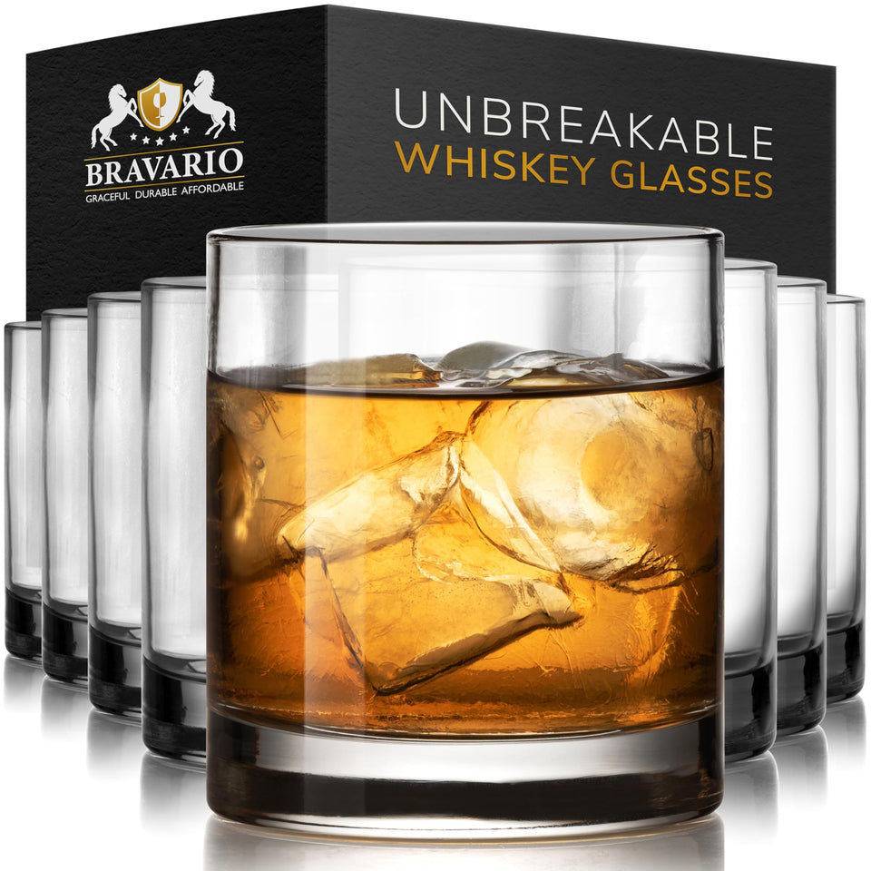 Bravario unbreakable whiskey glasses show durable, shatter-resistant design for outdoor use.