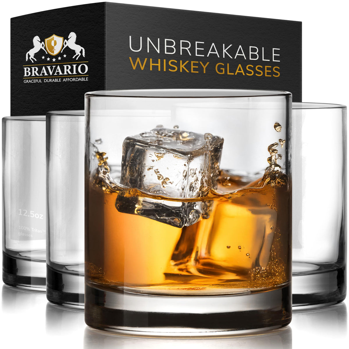 Bravario unbreakable whiskey glasses with 12.5 oz capacity and crystal-like clarity.