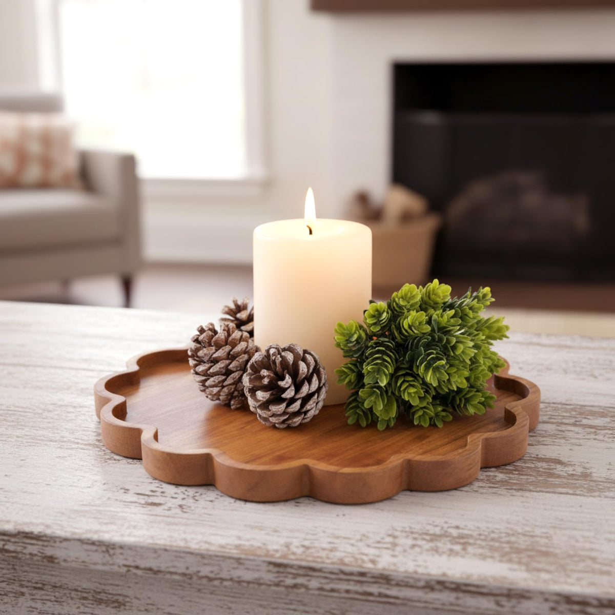 BreezeHug brown tray used as a candle holder setup for ambient evenings