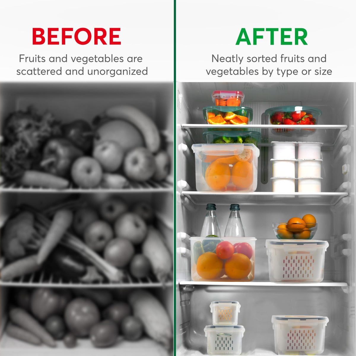 BreezyHome removable colander for drainage helps prevent excess moisture buildup in produce.