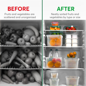 BreezyHome removable colander for drainage helps prevent excess moisture buildup in produce.