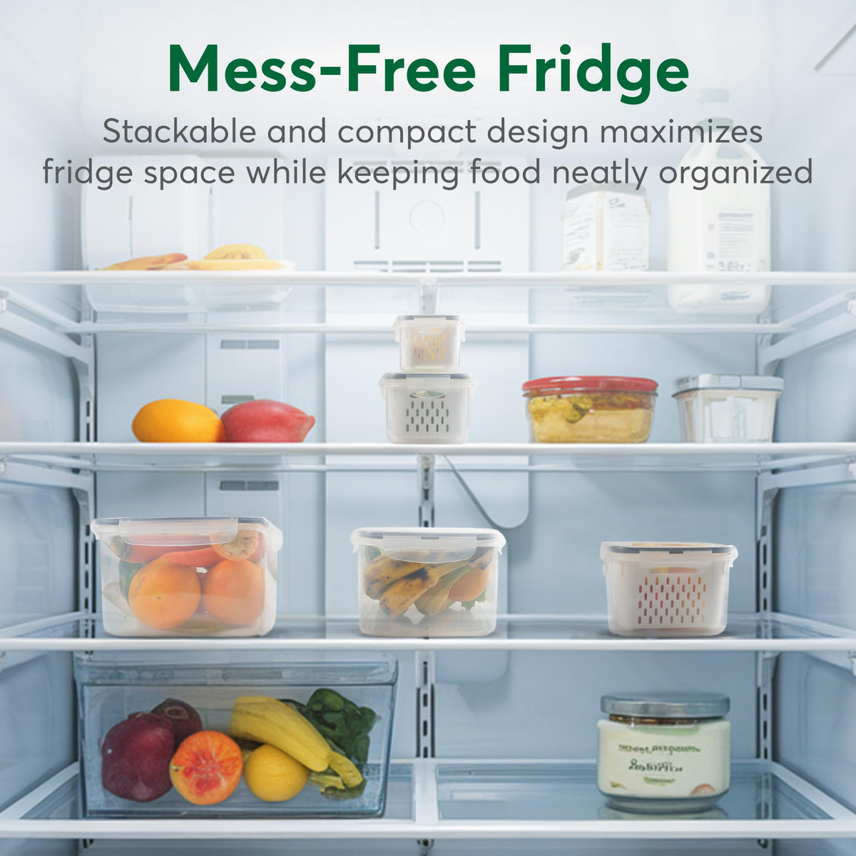BreezyHome stackable fruit and vegetable storage keeps fridge shelves tidy and accessible.