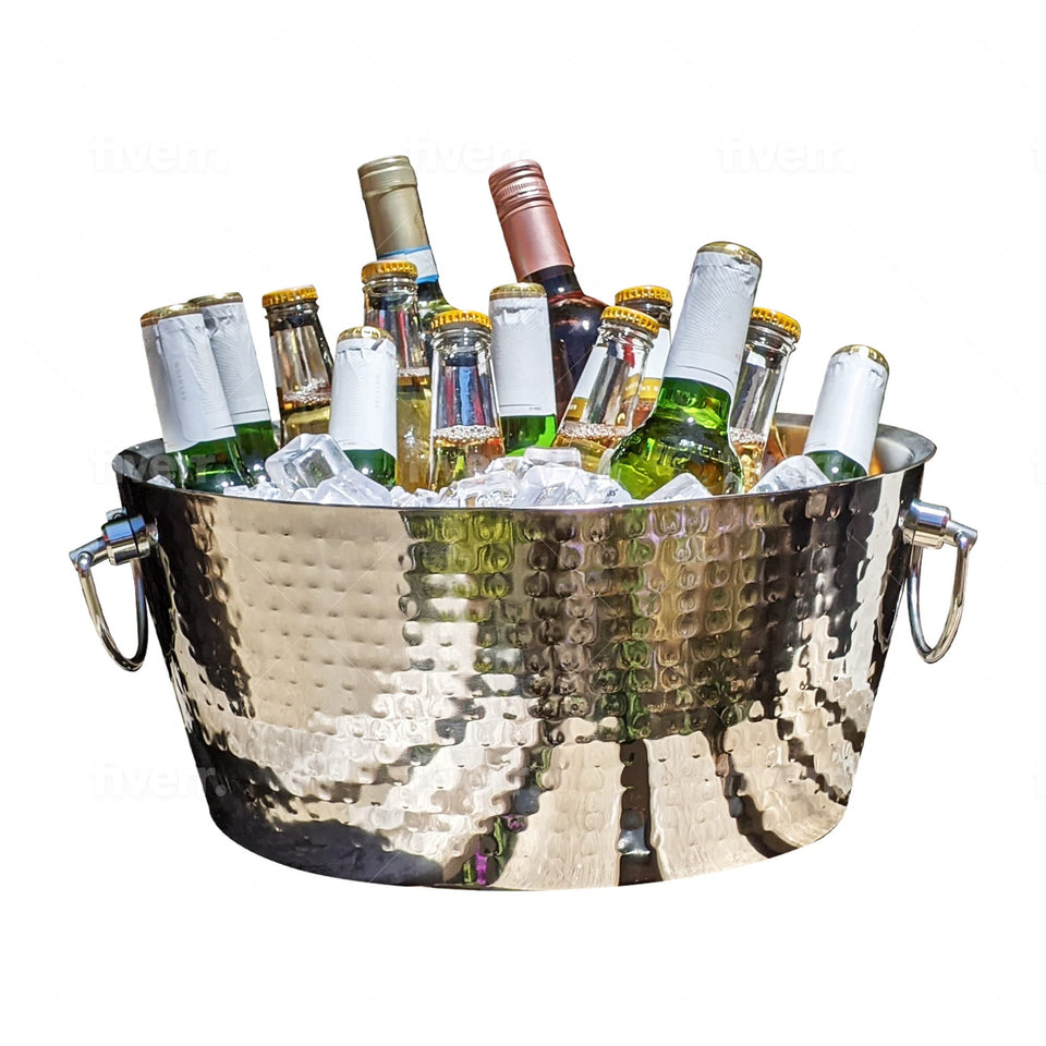 BREKX hammered beverage tub 12qt shines as centerpiece while keeping drinks cold.
