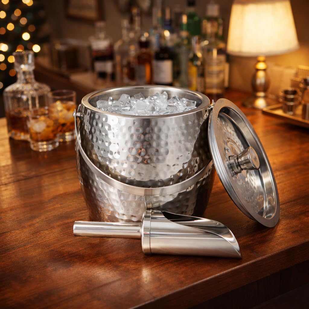BREKX hammered lid on stainless steel ice bucket adds durable style
