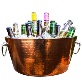 BREKX rose copper ice bucket with handles keeps drinks cold at parties.