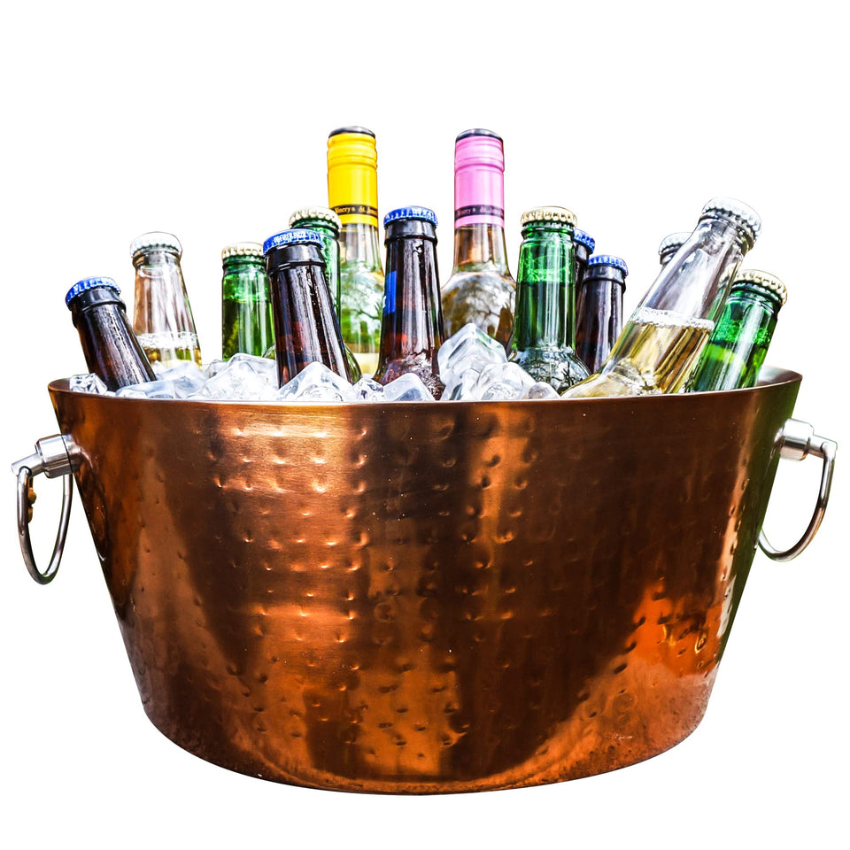 BREKX rose copper ice bucket with handles keeps drinks cold at parties.