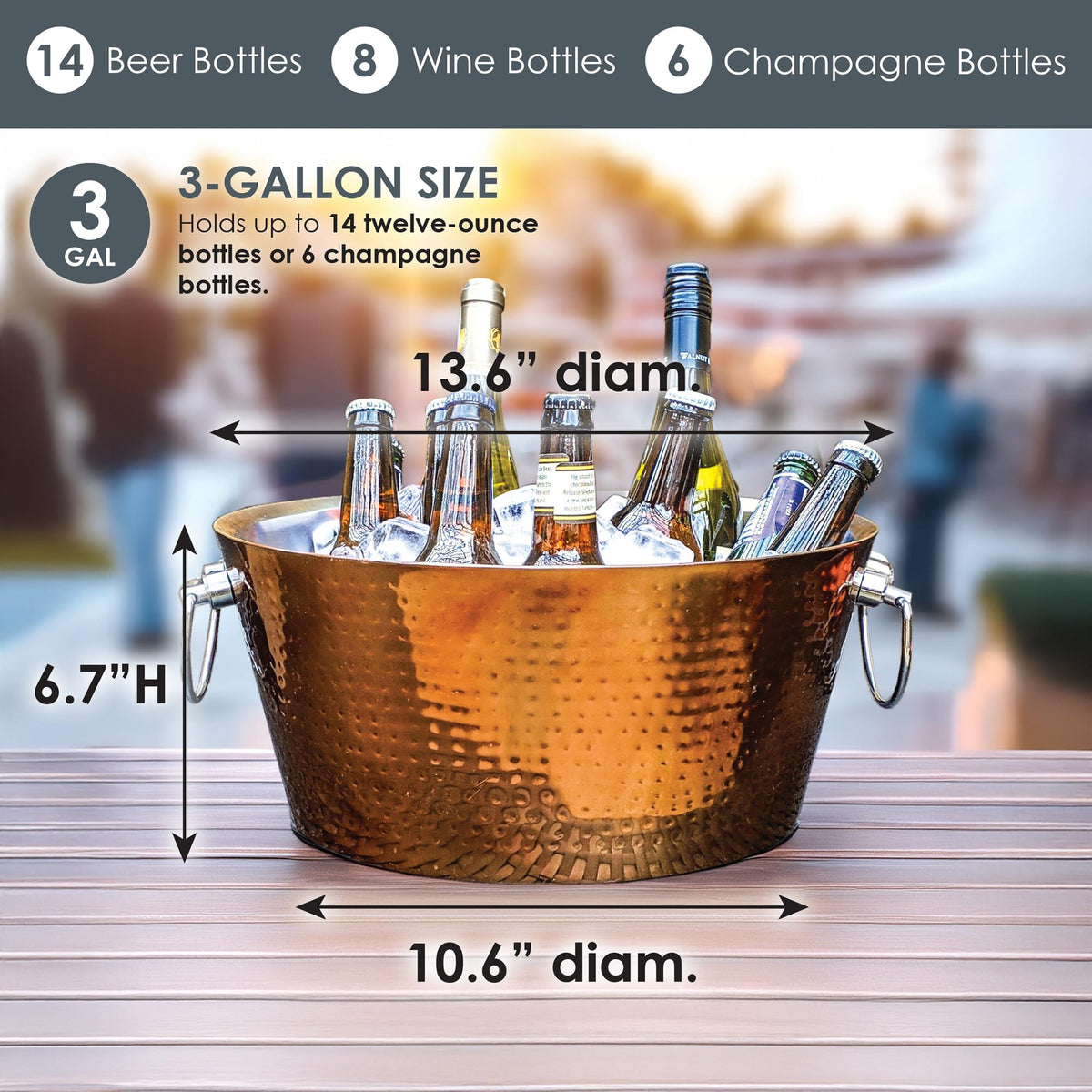 BREKX rose copper ice bucket on table with ambient lighting.