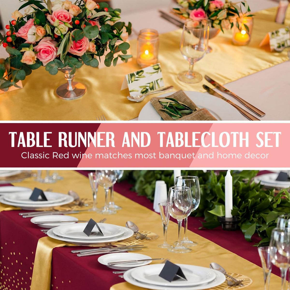 Breling satin 12x108 inch runners add smooth, elegant table accents.