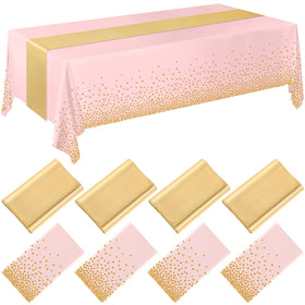 Breling 8-pack pink and gold tablecloths provide 54x108 inch coverage for elegant events.