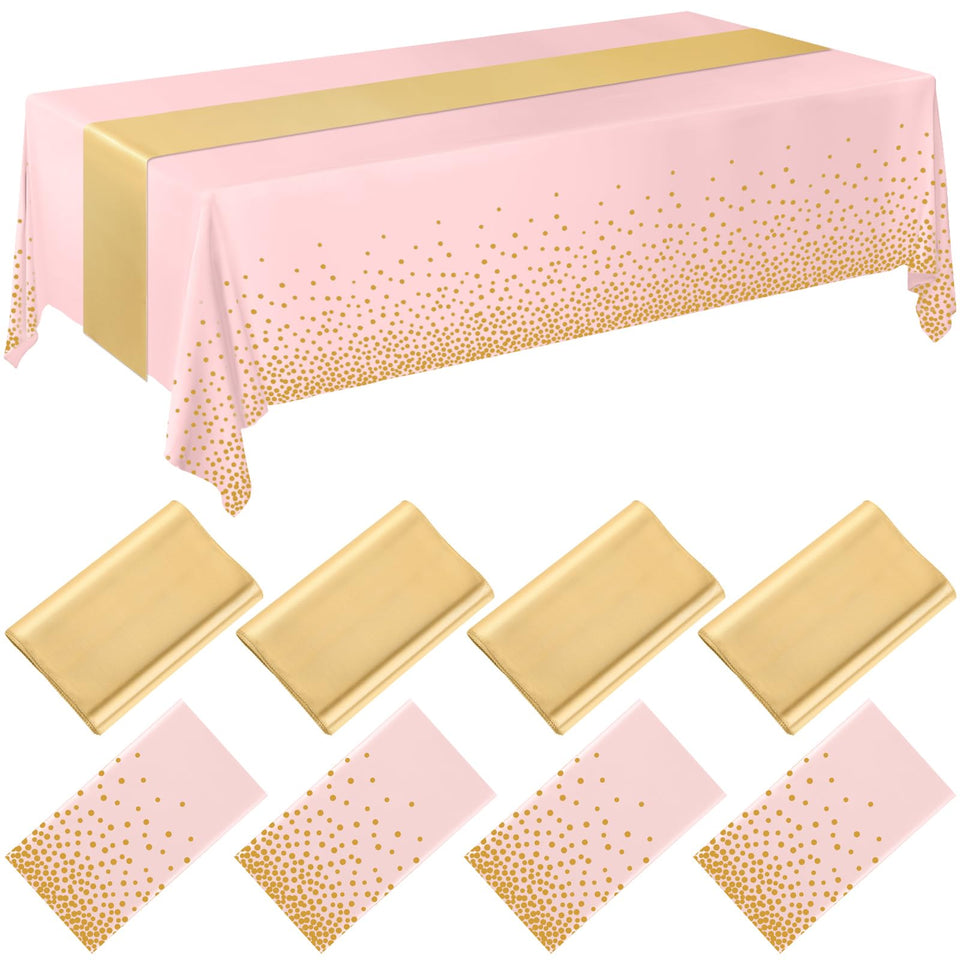Breling 8-pack pink and gold tablecloths provide 54x108 inch coverage for elegant events.