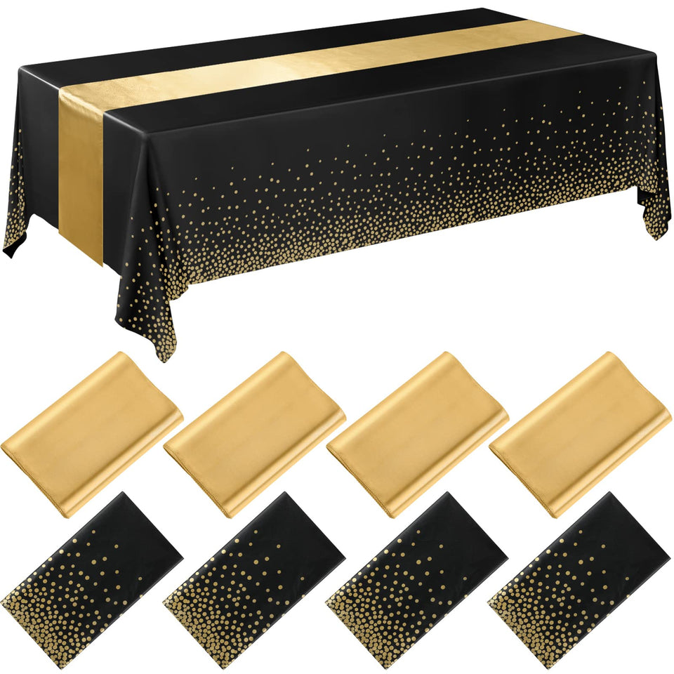 Breling 8 pack tablecloth and runner set on table for easy party setup