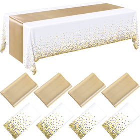Breling 8-pack white and gold tablecloths with satin runners set on a table.