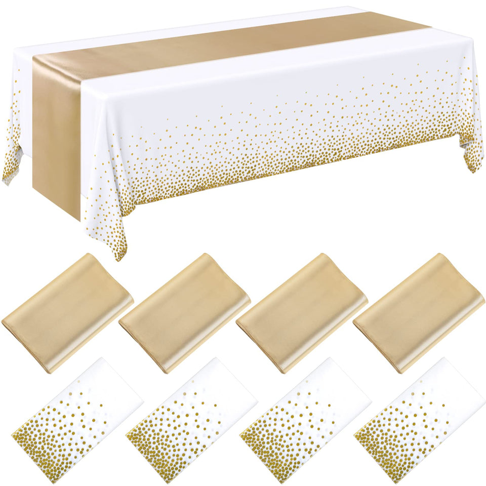 Breling 8-pack white and gold tablecloths with satin runners set on a table.
