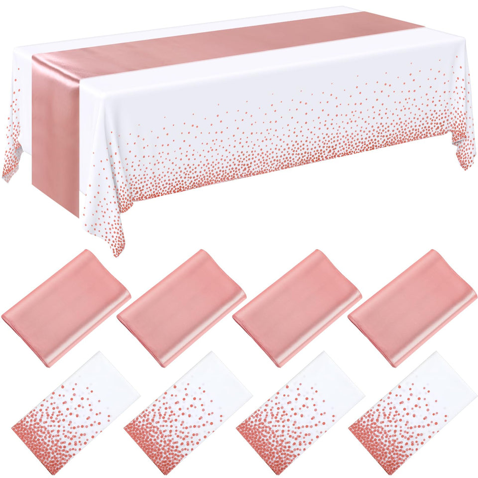 Breling 8-pack tablecloth and runner set on table for easy party setup