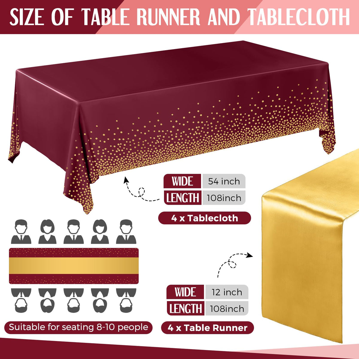 Breling burgundy and gold color scheme tablecloth adds a classy wedding touch.