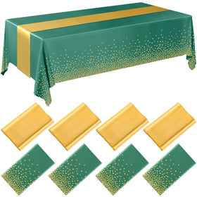 Breling green and gold disposable tablecloth on a table, elegant surface protection.
