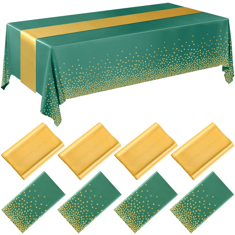 Breling green and gold disposable tablecloth on a table, elegant surface protection.