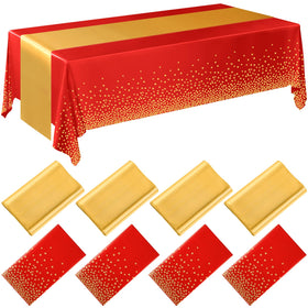 Breling red and gold tablecloth laid on a table for elegant weddings.
