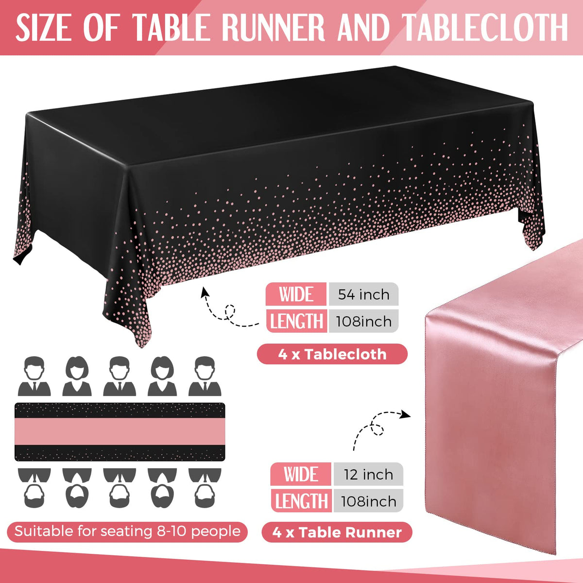 Breling rose gold satin table runner 12x108 inches adds soft shine.