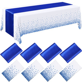 Breling royal blue tablecloth covers a long banquet table for effortless cleanup.