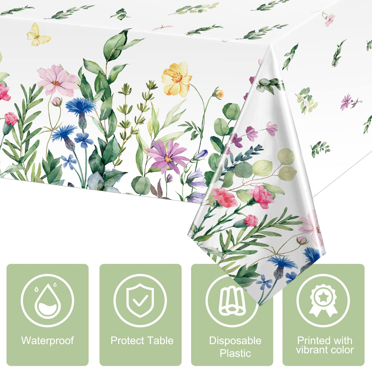 Breling spring floral tablecloth laid across a long dining table