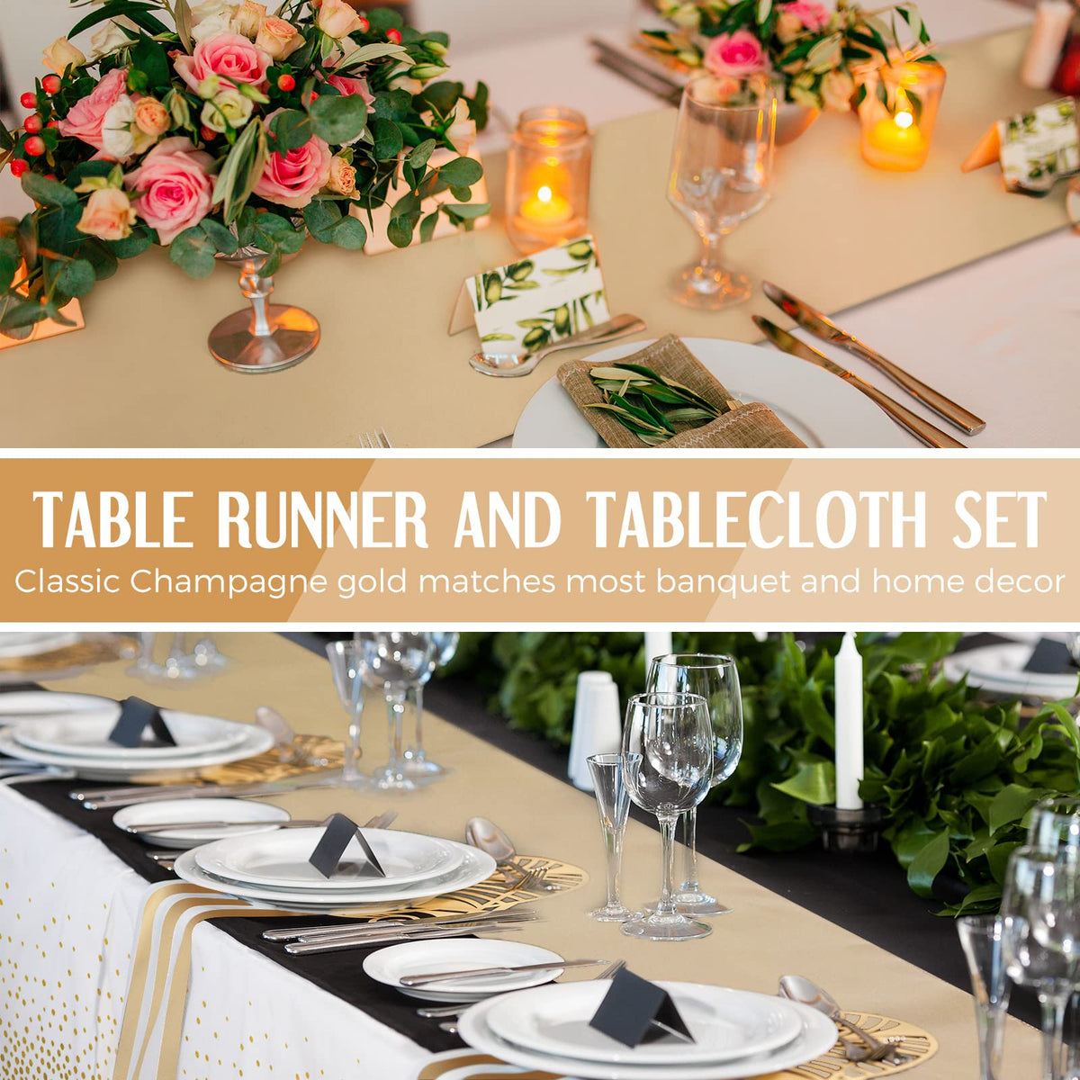 Breling 54x108 tablecloth coverage on a rectangular table with 12x108 runners.