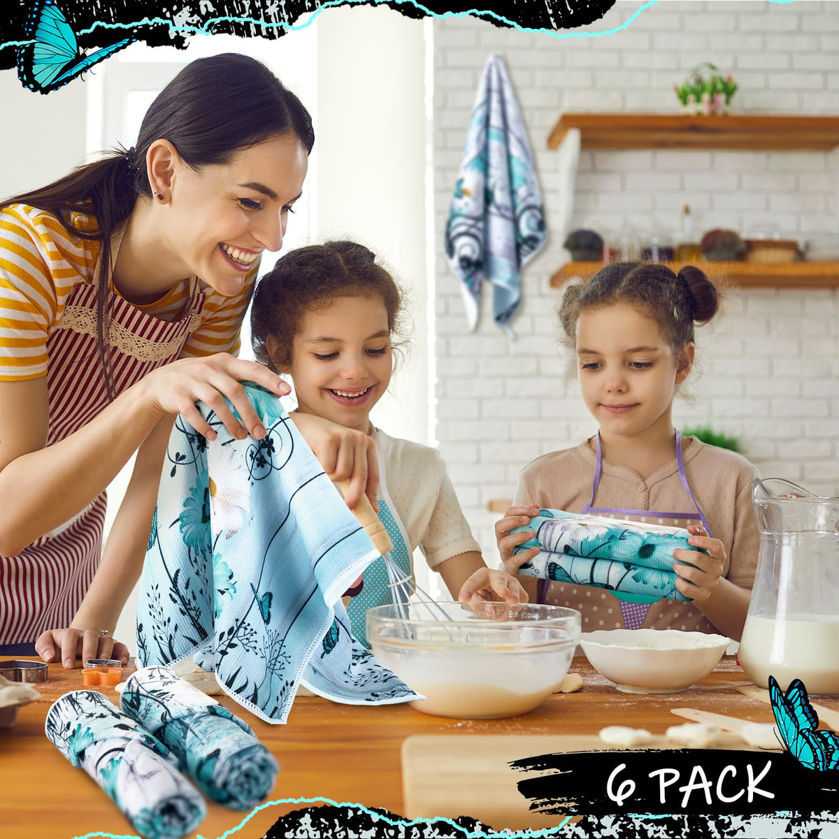 Breling teal daisy towels in use demonstrating versatile kitchen and bath practicality