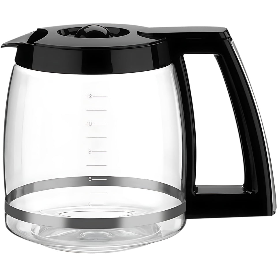BRENSTEN 12-cup glass carafe front view showing clear body and handle.