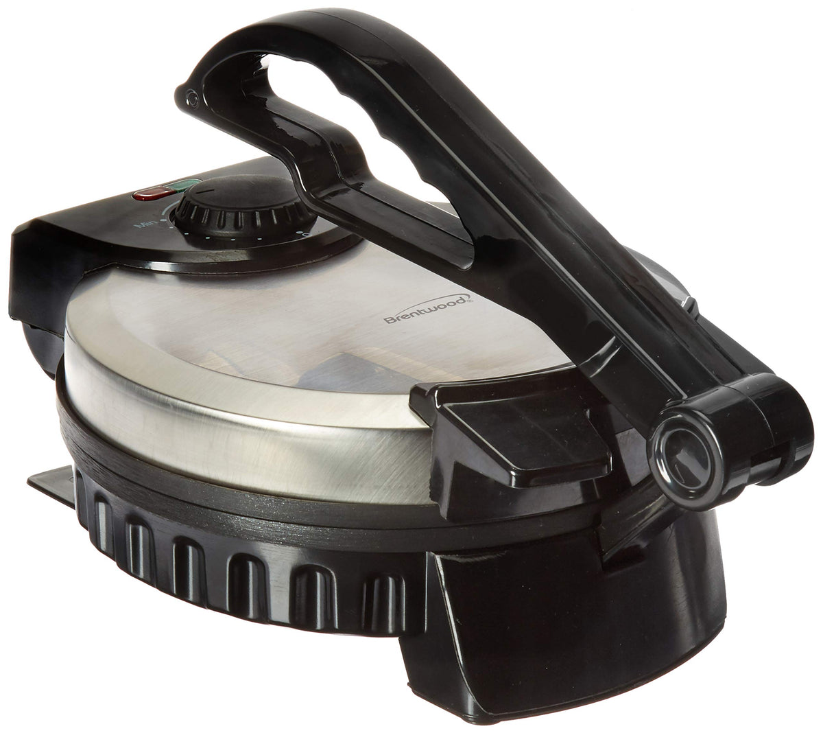 Brentwood TS-127 tortilla maker showing an 8-inch tortilla ready to press for home use