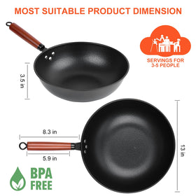 Bretor carbon steel wok handle closeup highlights durable, heat-ready design.